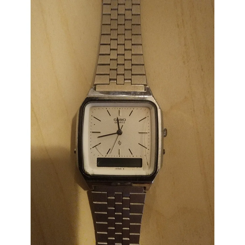 Vintage Casio AQ-321 Ana-Digi Watch Silver Tone Stainless Steel Square Face